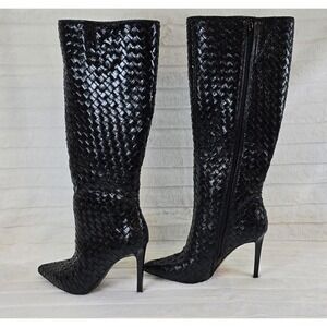 I.N.C Black Woven Pointed Toe Stiletto Heel Knee High Boots Women's 7.5